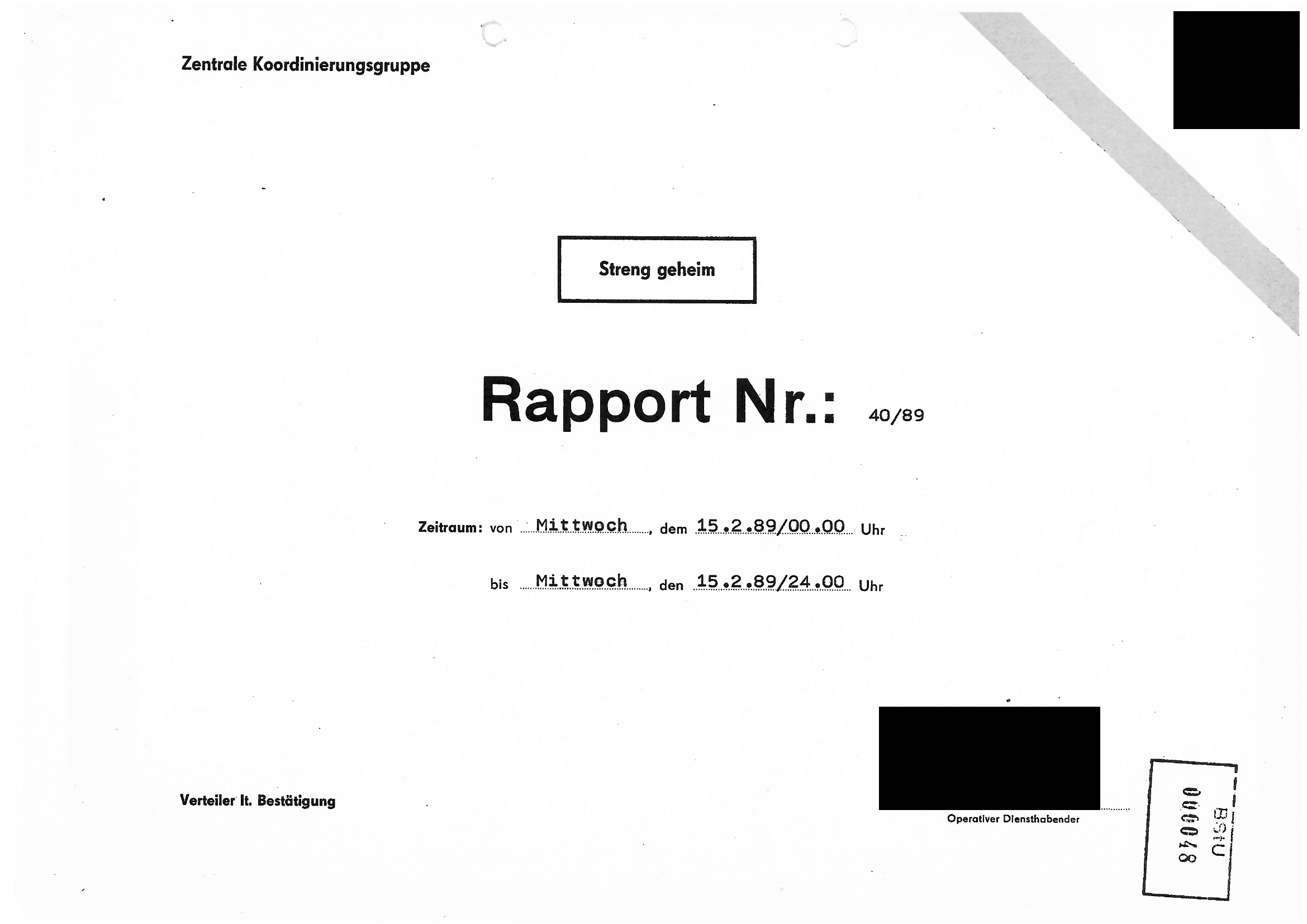 Cover page of the top-secret Stasi report dated 15 February 1989