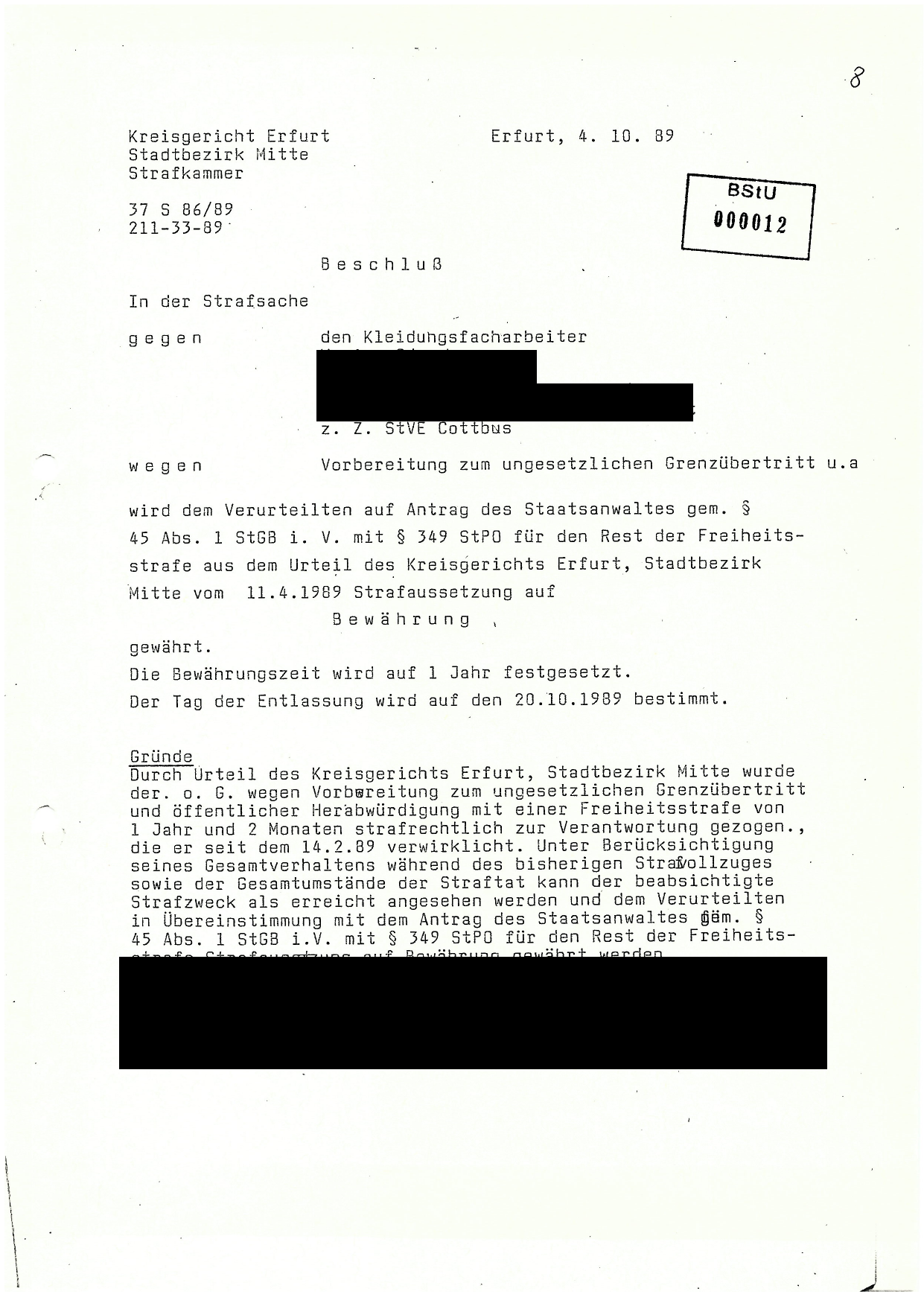 Court order specifying 20 October 1989 as the release date