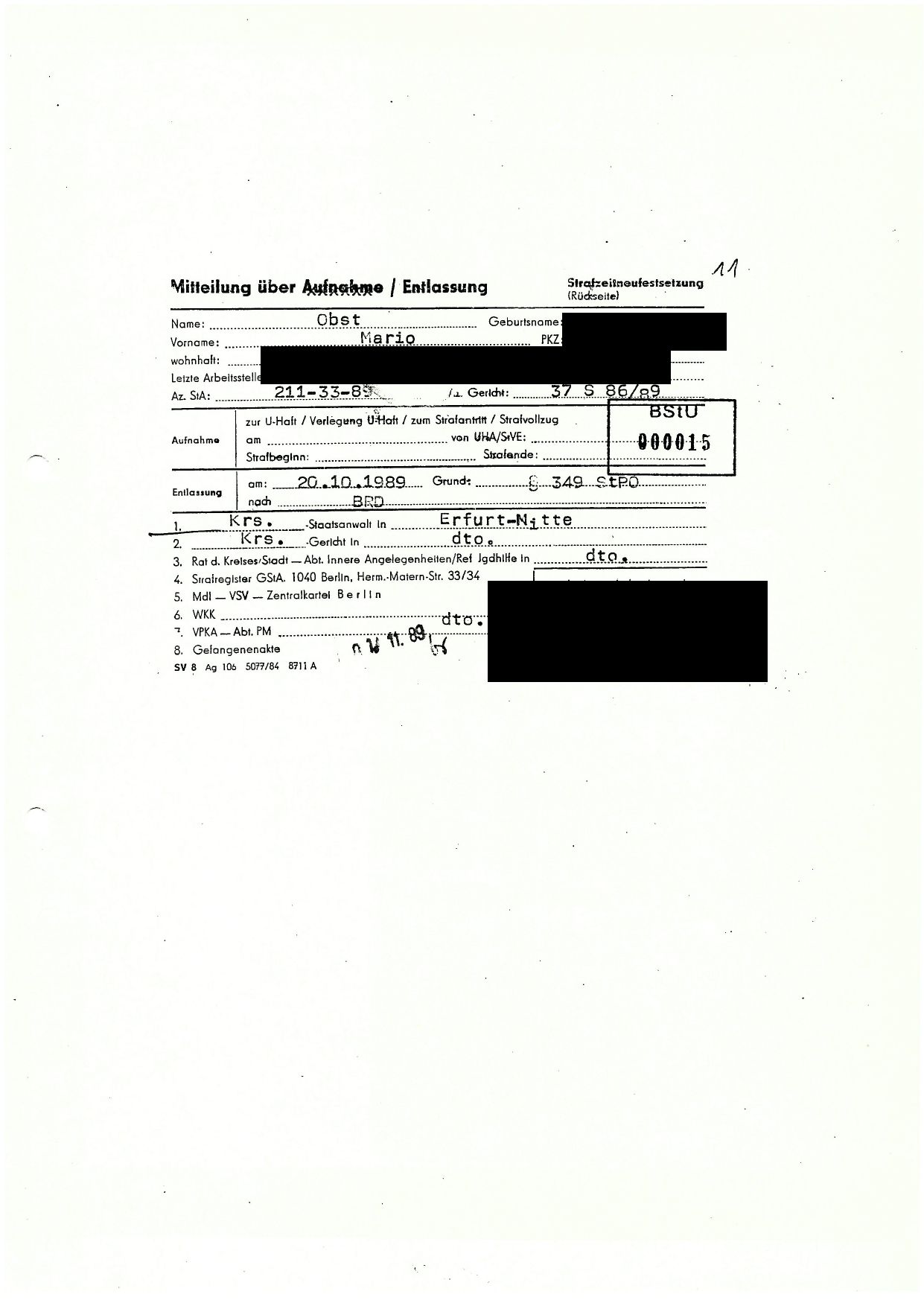 Release notification dated 20 October 1989 stating the destination as West Germany
